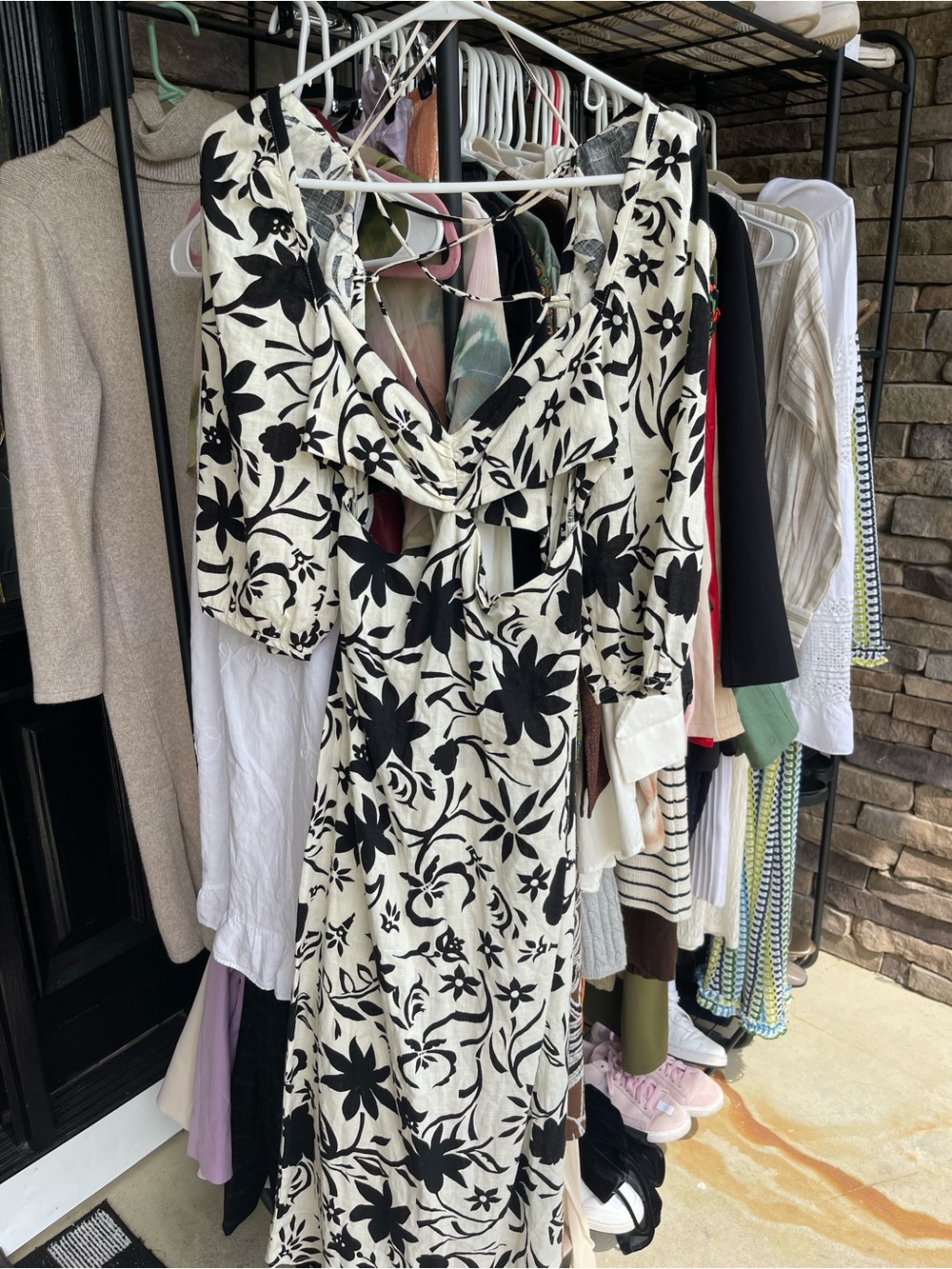 Zara Black and White Floral Maxi Dress with Puff Sleeves